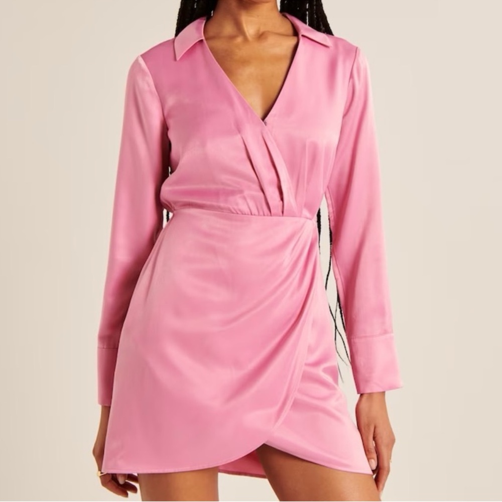 NWT Abercrombie & Fitch SIZE ST S TALL Long-Sleeve Satin Drapey Shirt Dress PINK